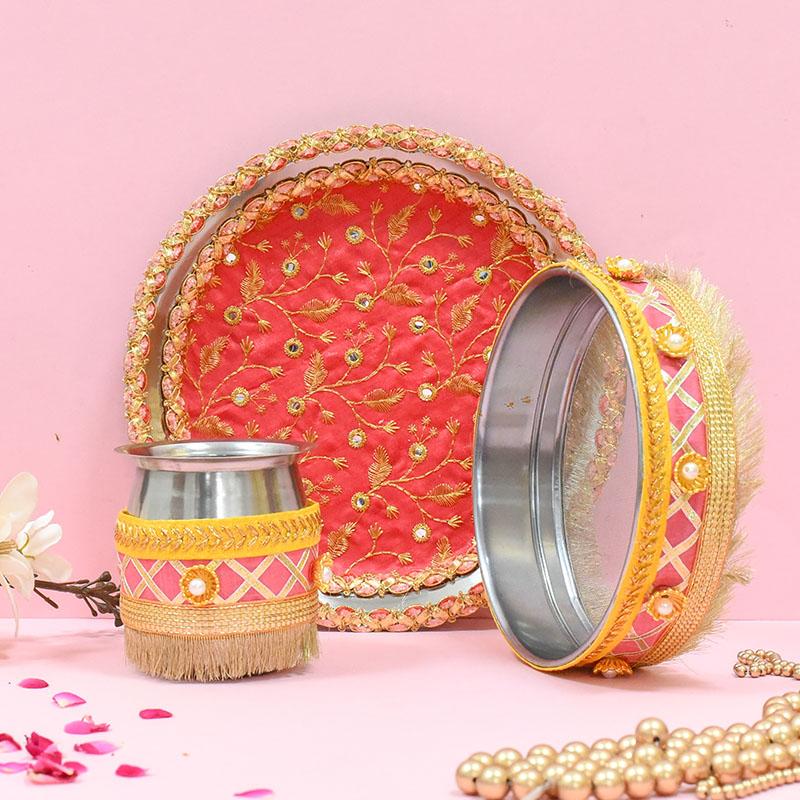 Peach & Yellow Glimmer Karwa Chauth Thali Set