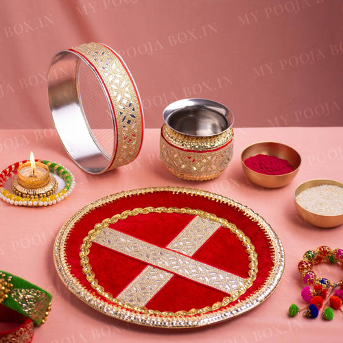 Red Mirrored Karwa Chauth Thali Set