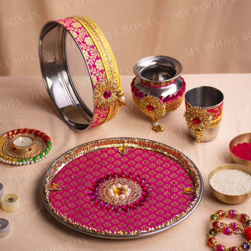 Brocade Pink & Yellow Karwa Chauth Thali Set