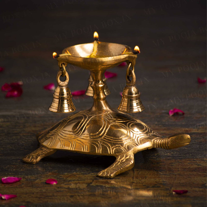 Antique Brass Tortoise Diya with Bells