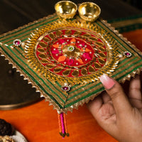 Floral Gota Patti Green Pooja Thali 6"