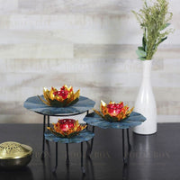 Teal Petal Lotus Diya Stand (Set Of 3) Candle Holder